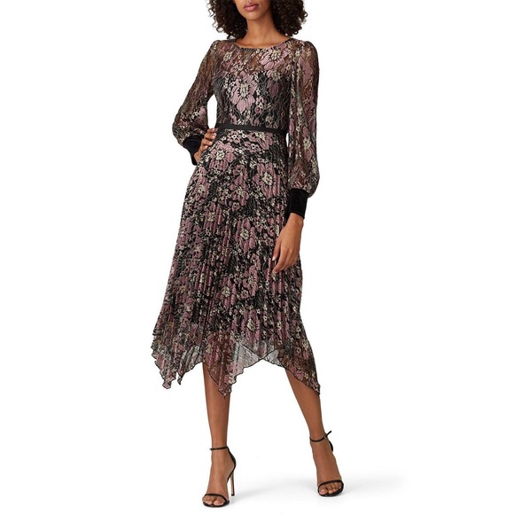 NISSA Pleated Lace Midi Dress Size 4 Floral Sheer Velvet Cuff Waterfall Hem - Picture 1 of 16